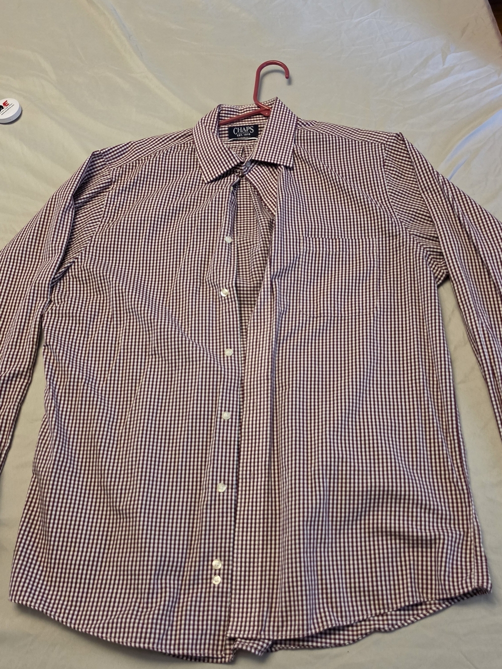 Chaps Men’s Dark Red and White Gingham Button-Down Dress Shirt